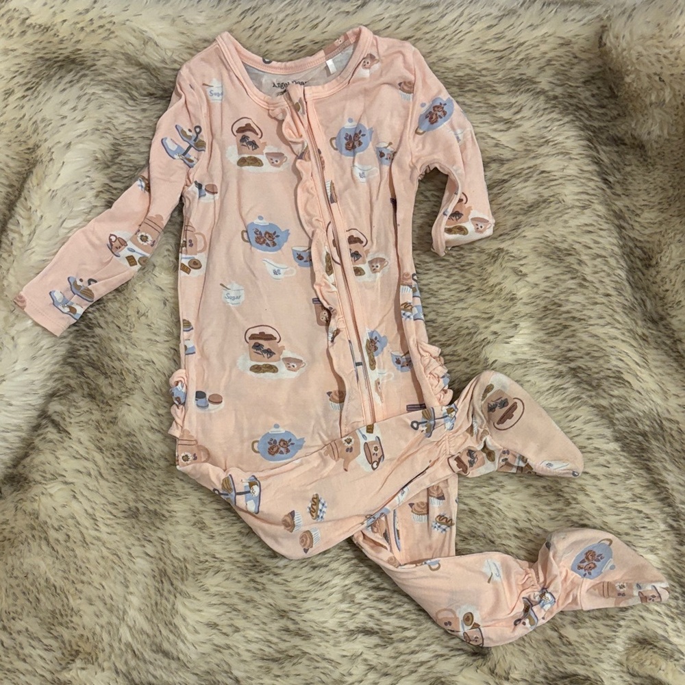 Angel Dear Pink Tea Party Fleece Lined Footie GUC Bamboo